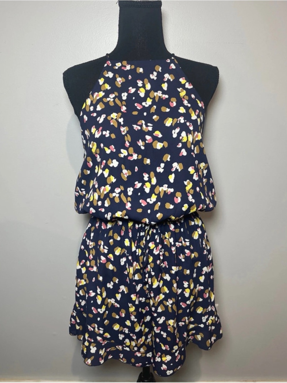 Navy Floral Halter Shorts Romper with Pink & Yellow Accents